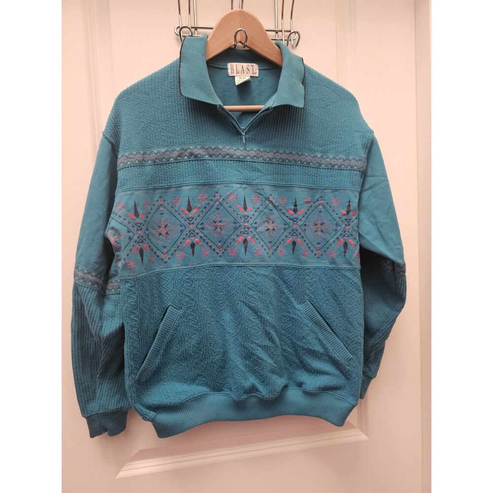 90s BLAST Southwestern Teal 1/4 Zip Sweatshirt Geometric Aztec M VTG Pullover
